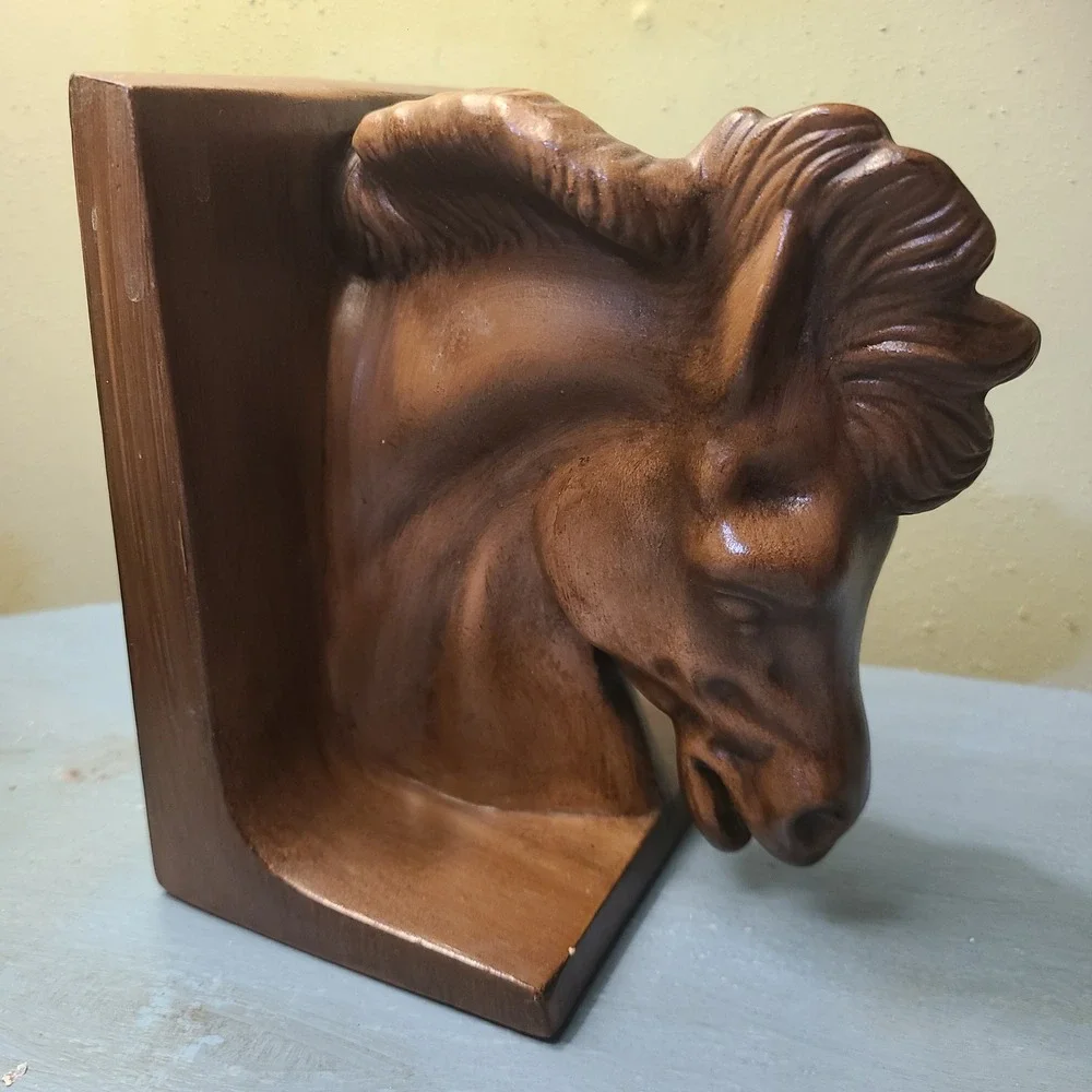Vintage Mid Century Horse Head Bookends Set‎ Brown Wood Grain Ceramic Antiqued